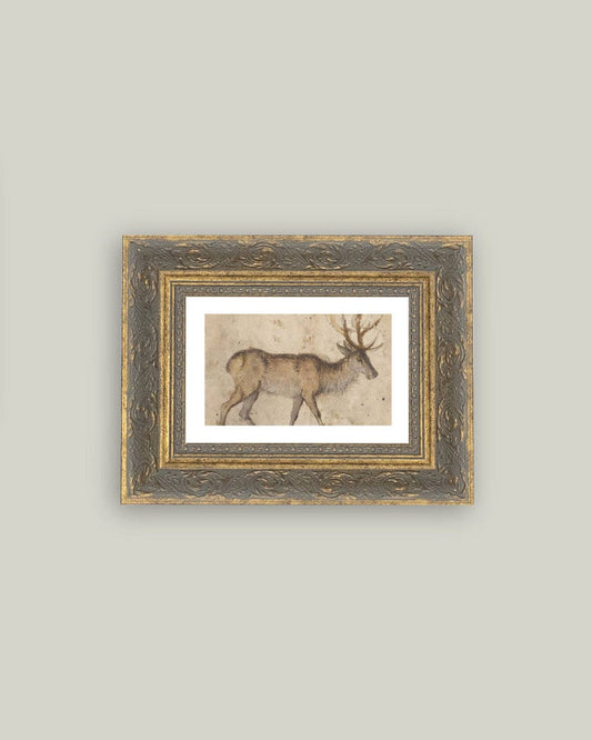 Vintage Reindeer Framed Antique Art: 7x5