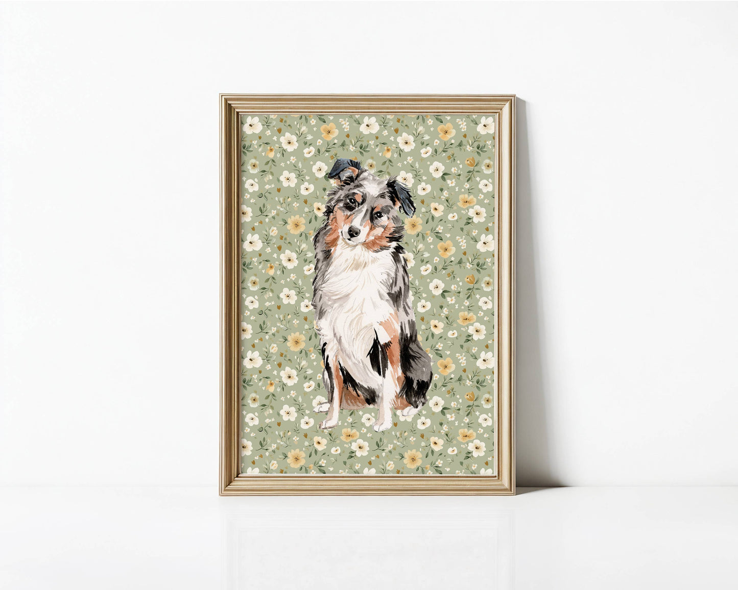 Australian Shepherd Print with Sage Floral Background: 5" x 7" (vertical)