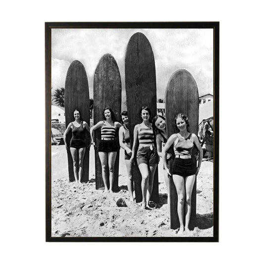 Vintage black and white photo of girls with surfboards: Beaded Black Frame  / 8" X 10"