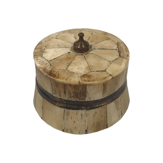 2-1/2" Antiqued Round Bone and Wooden Box, Brass Pull on Top