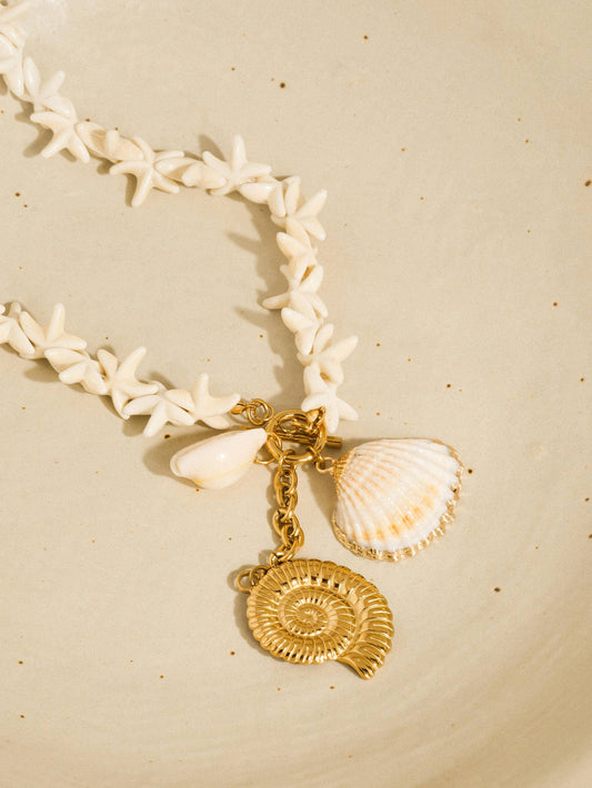 Island 18K Gold Non-Tarnish Boho Shell Charm Necklace: Yellow Gold