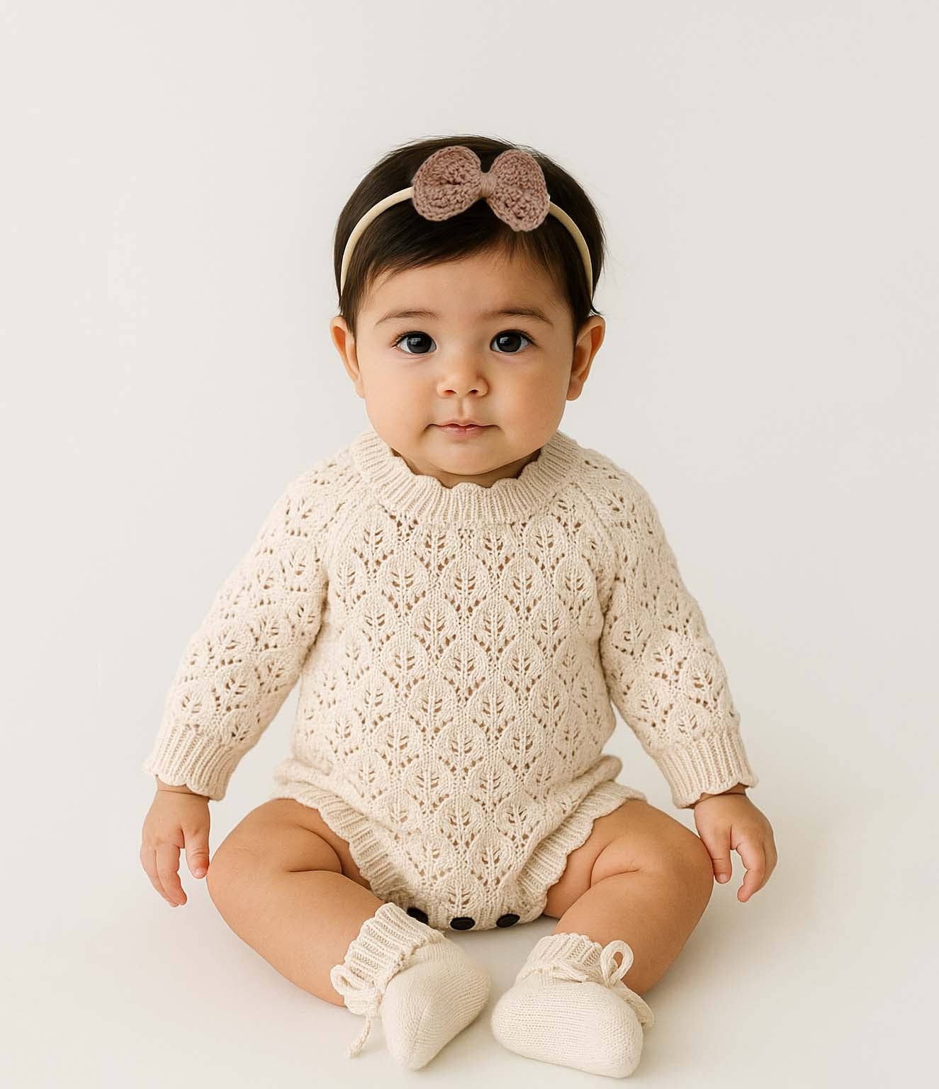 Light Cream Lacy Romper: 3pc set (romper +booties + bow) / Newborn (NB)