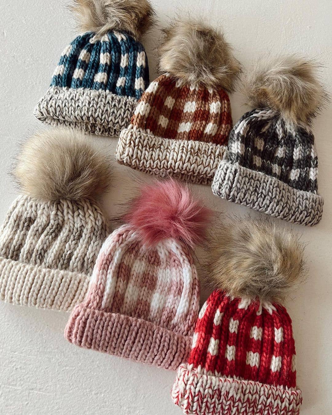 Pebble Brown Buffalo Check Pom Pom Beanie Hat Baby & Kids