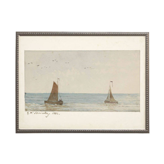 Vintage watercolor sailboat scene A: Silver with tiny bead detail 275-18 / 16" X 12"