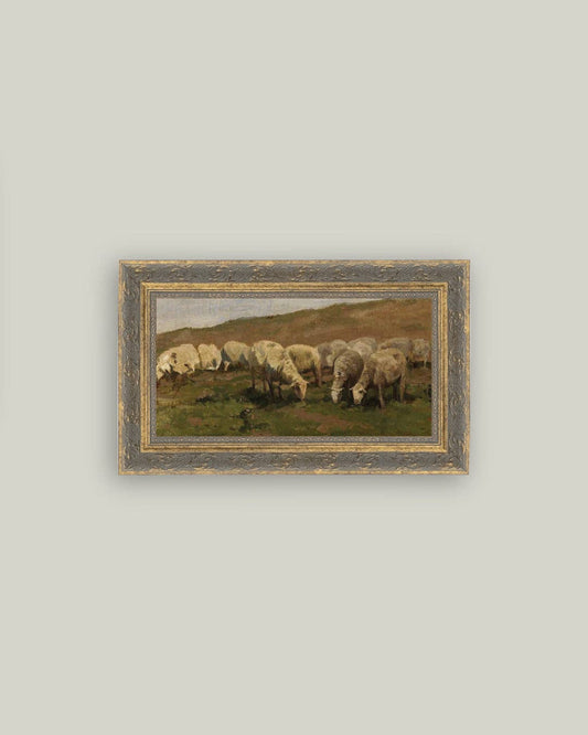 Sheep Landscape Framed Antique Art: 12x7