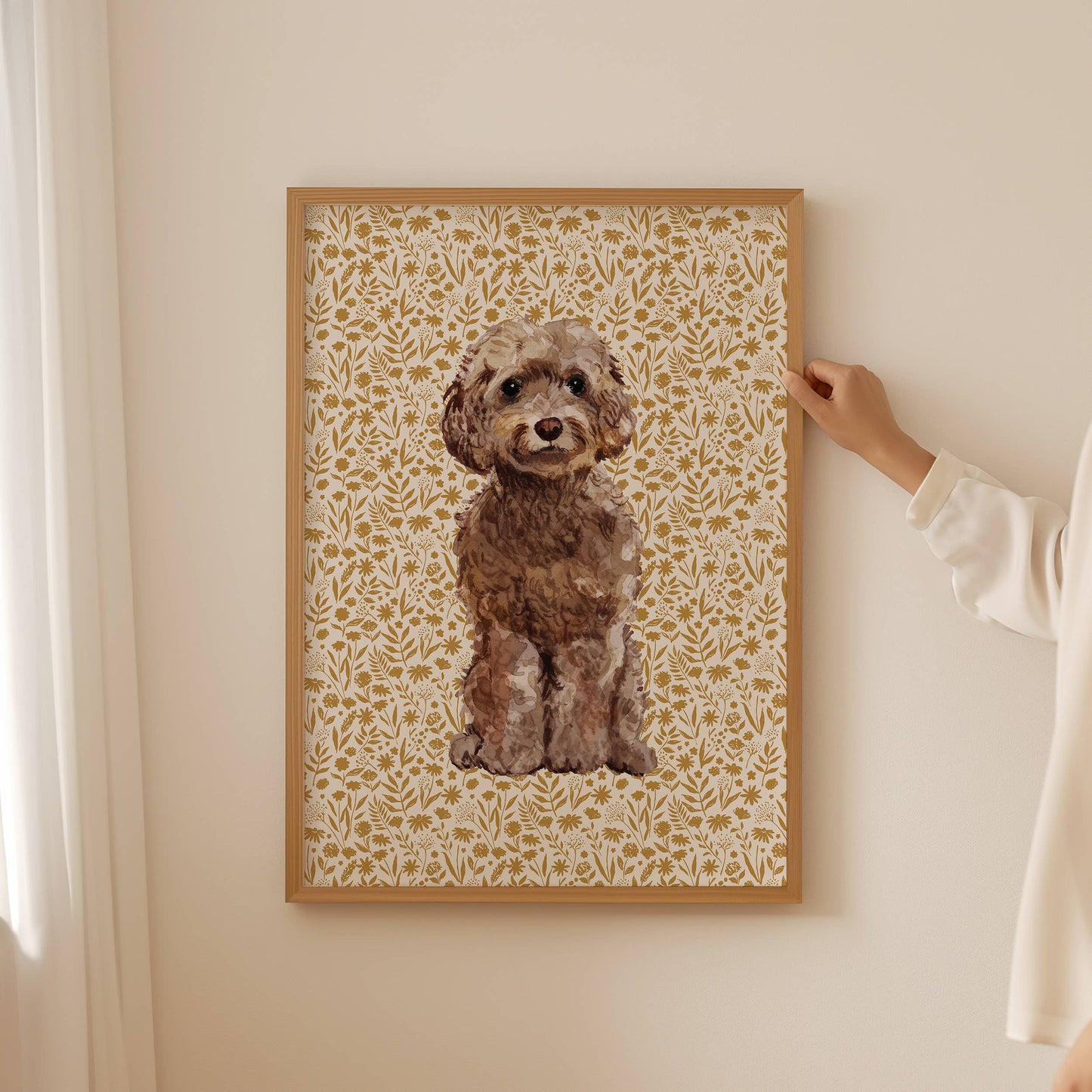 Cockapoo Print with Tan Floral Background: 5" x 7" (vertical)