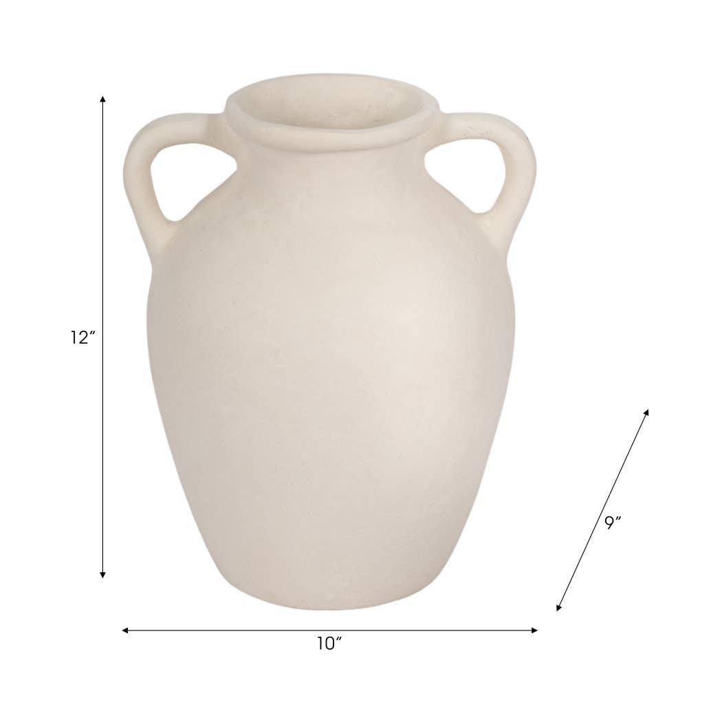 Ivory Paper Mache Amphora Round Vase with Handles