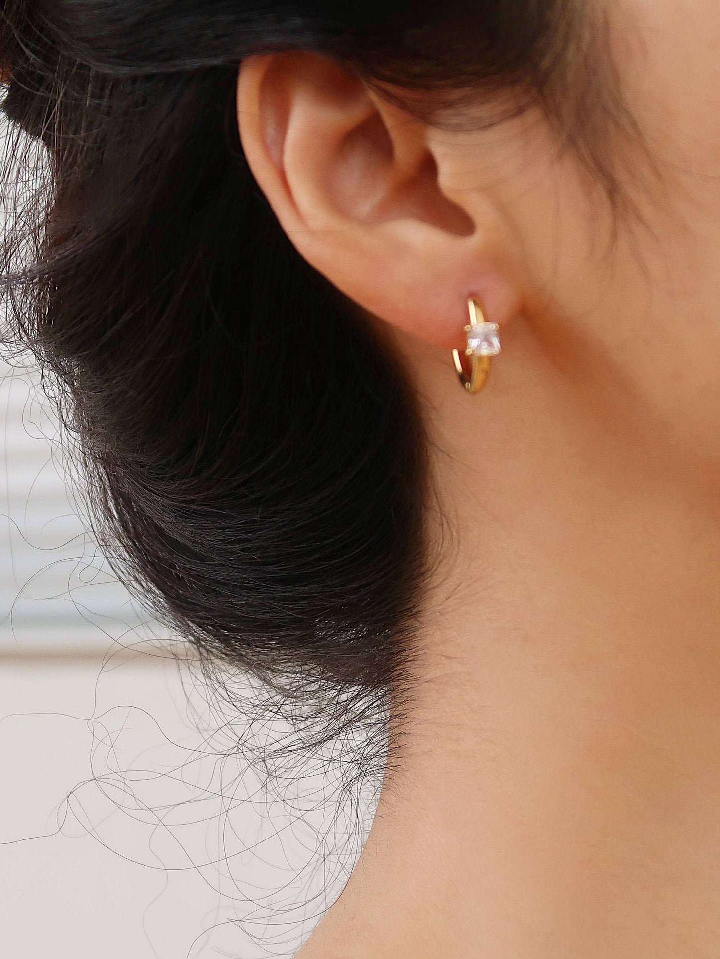 Adhara 18K Gold Non-Tarnish CZ Huggie Earrings: Yellow Gold / Rectangle