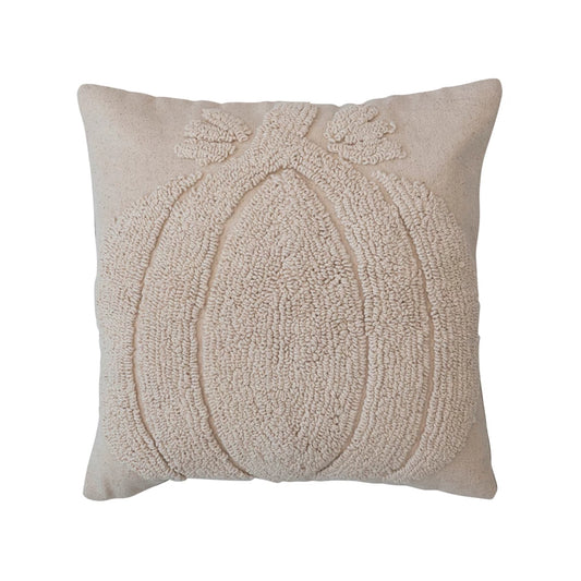 Square Cotton Slub Tufted Pillow w/ Pumpkin & Chambray Back, Cream Color