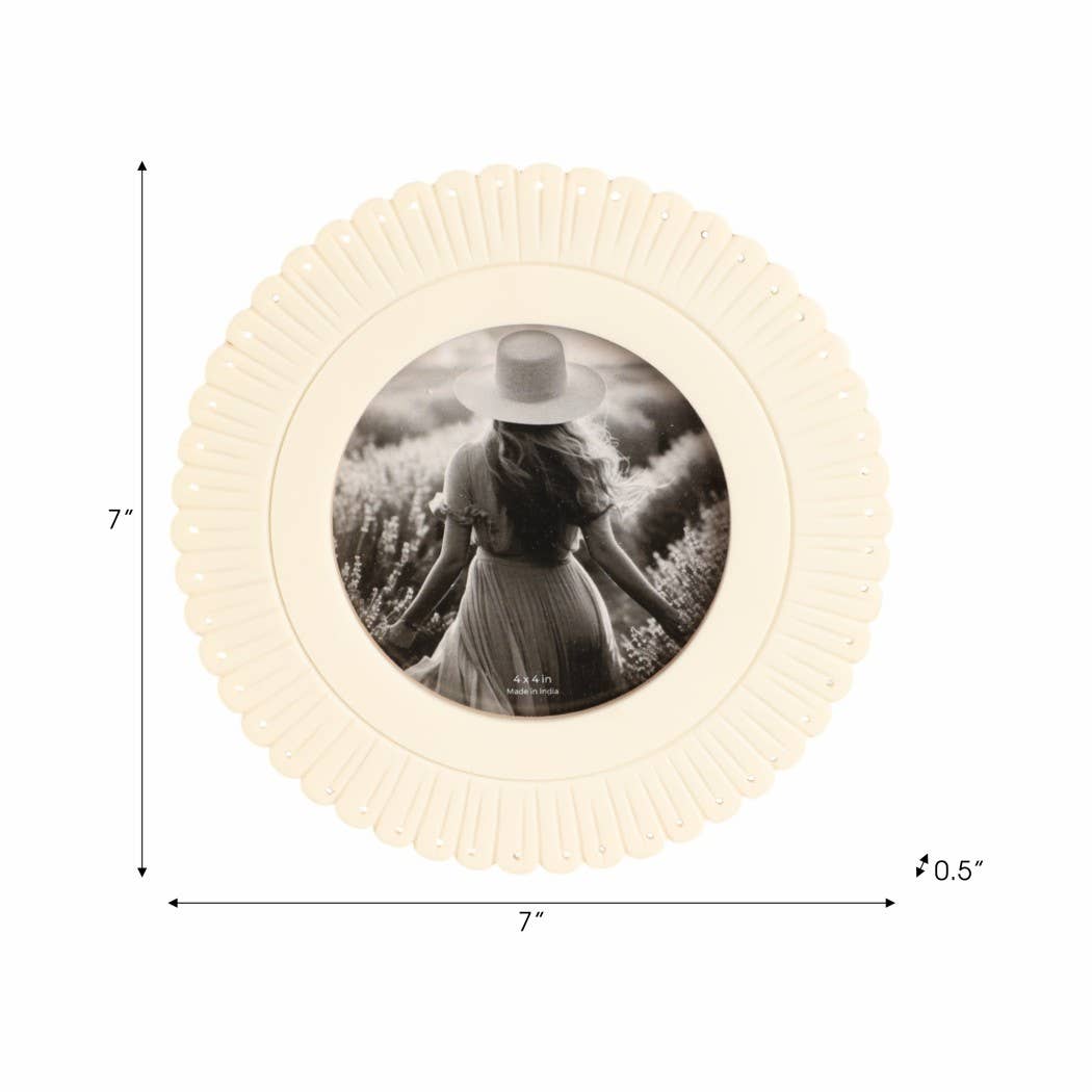 Photo Frame - Ivory Resin Round Solid Etched Petal, 4x4 in.