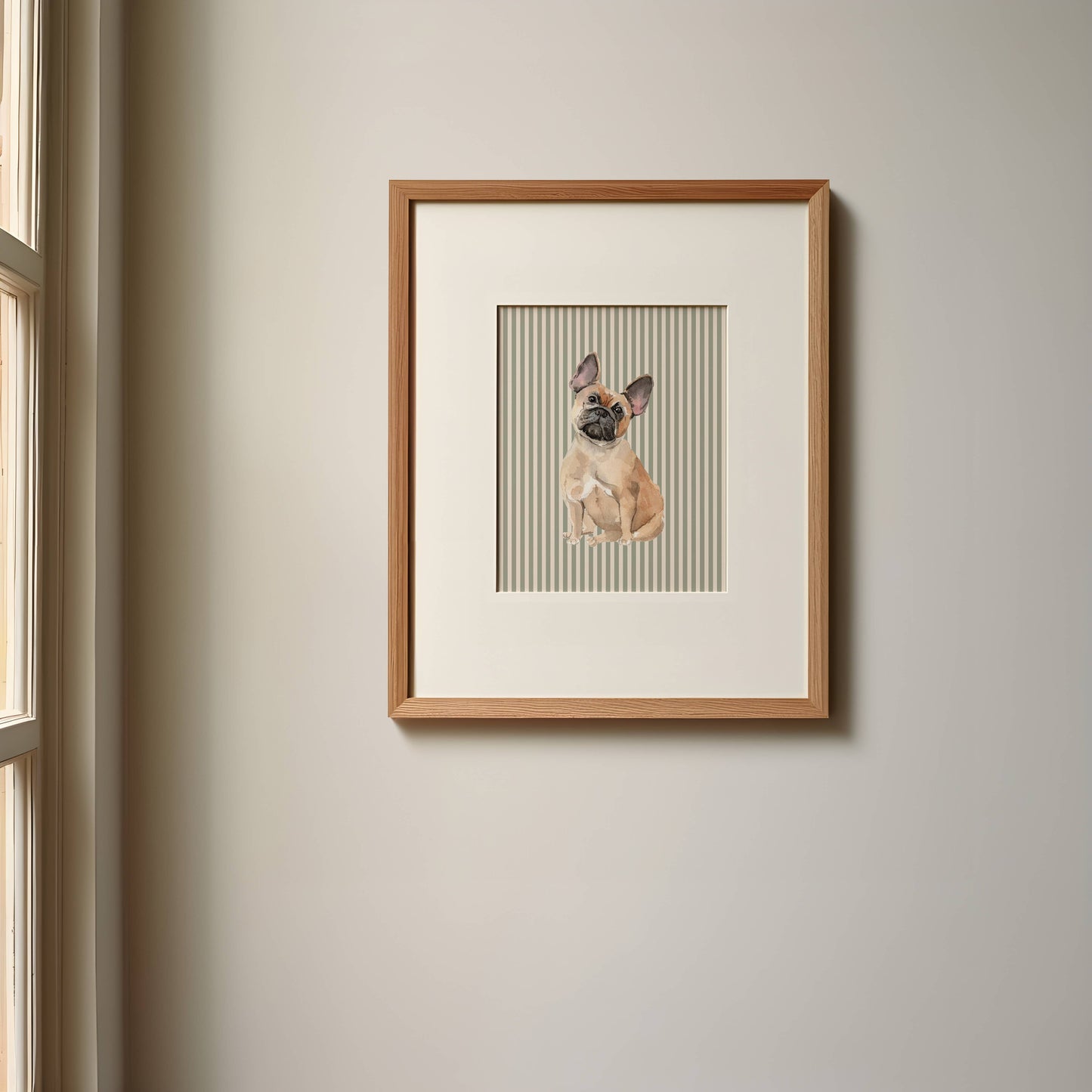 French Bulldog Print with Sage Green Stripe Background: 5" x 7" (vertical)