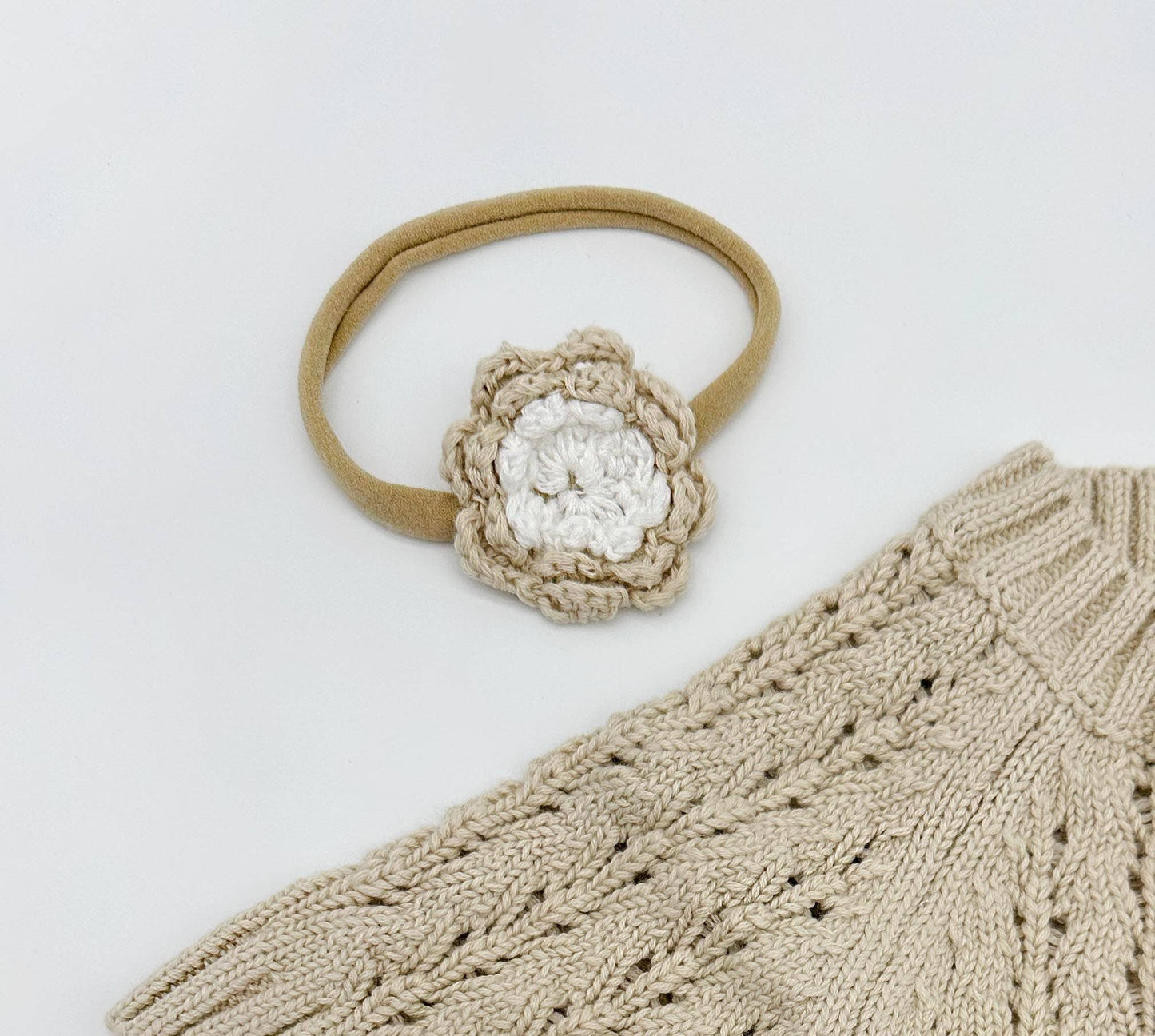 Crochet Flower Headband: With Card / Milk-white / Triple Flower