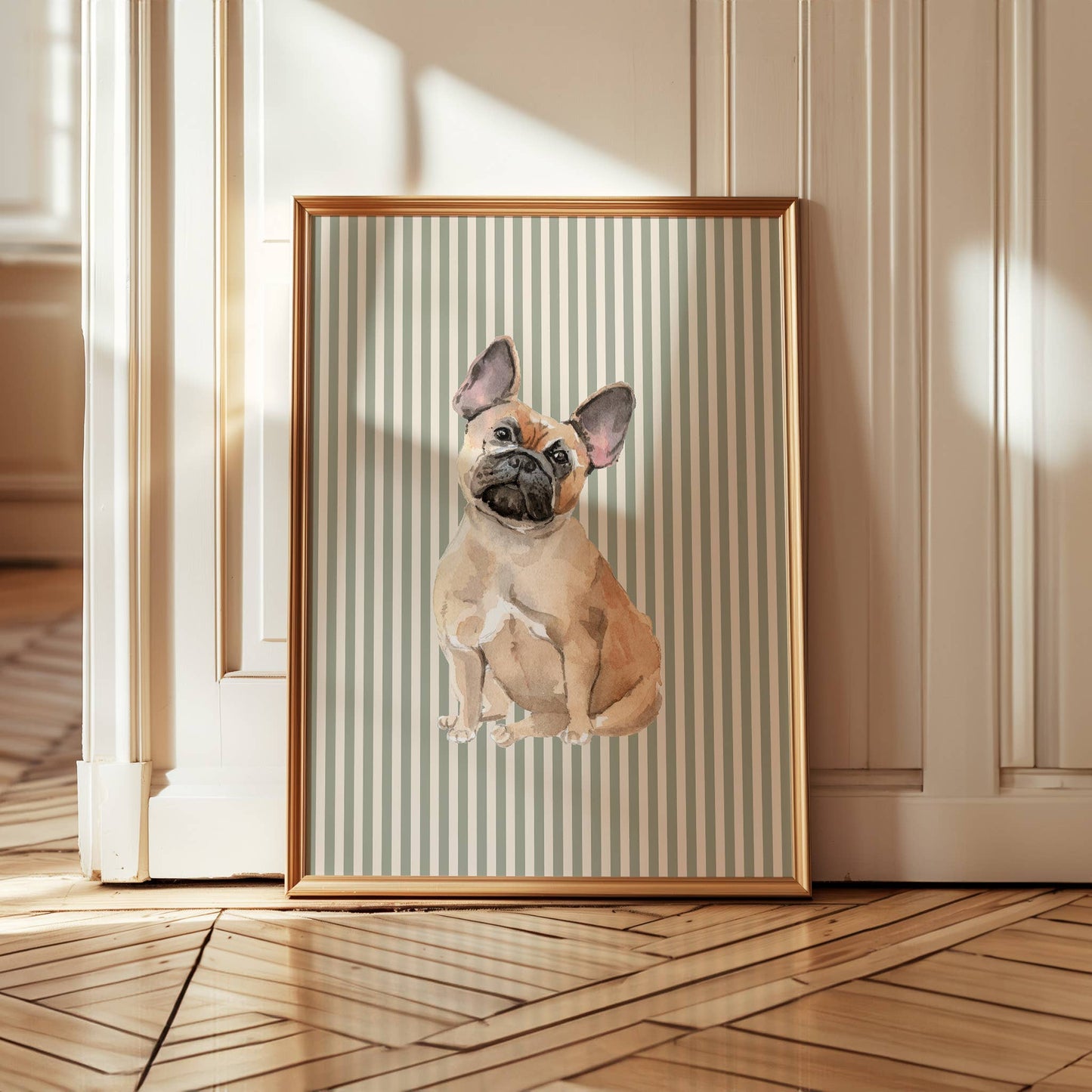 French Bulldog Print with Sage Green Stripe Background: 5" x 7" (vertical)