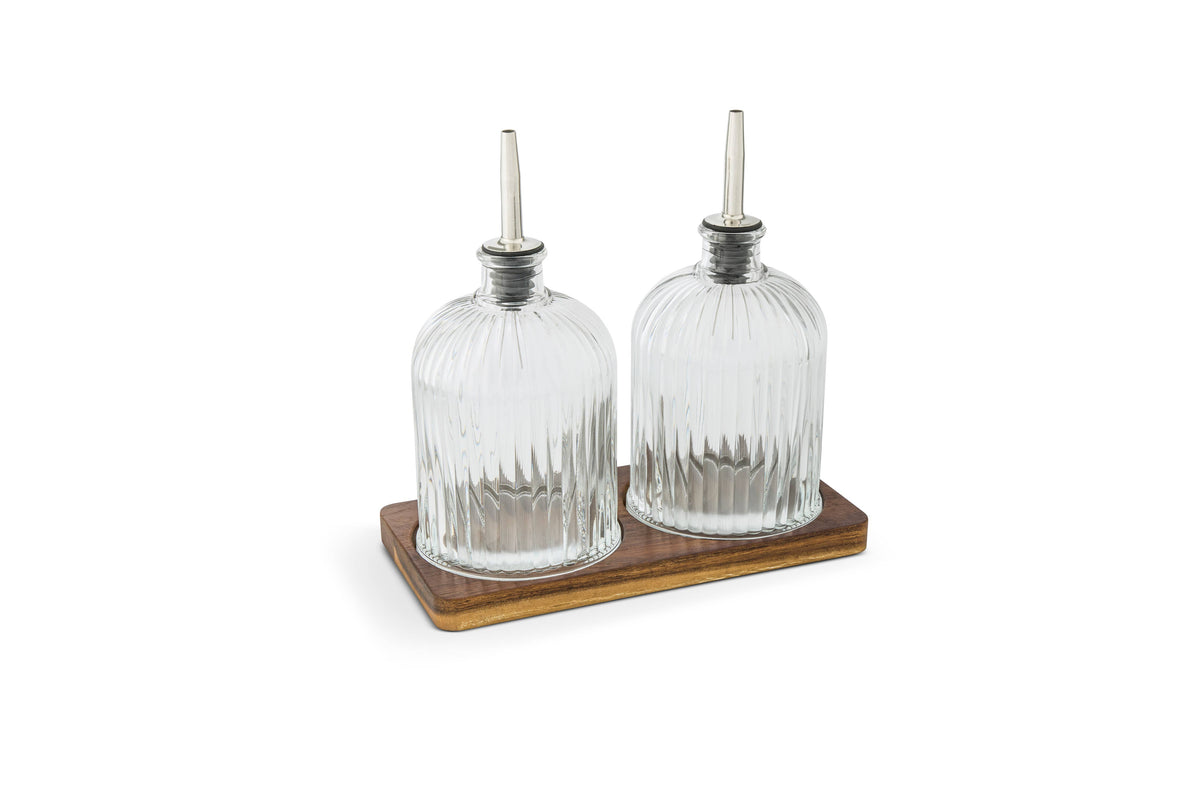 Fluted Glass Cruets w/ Acacia Base