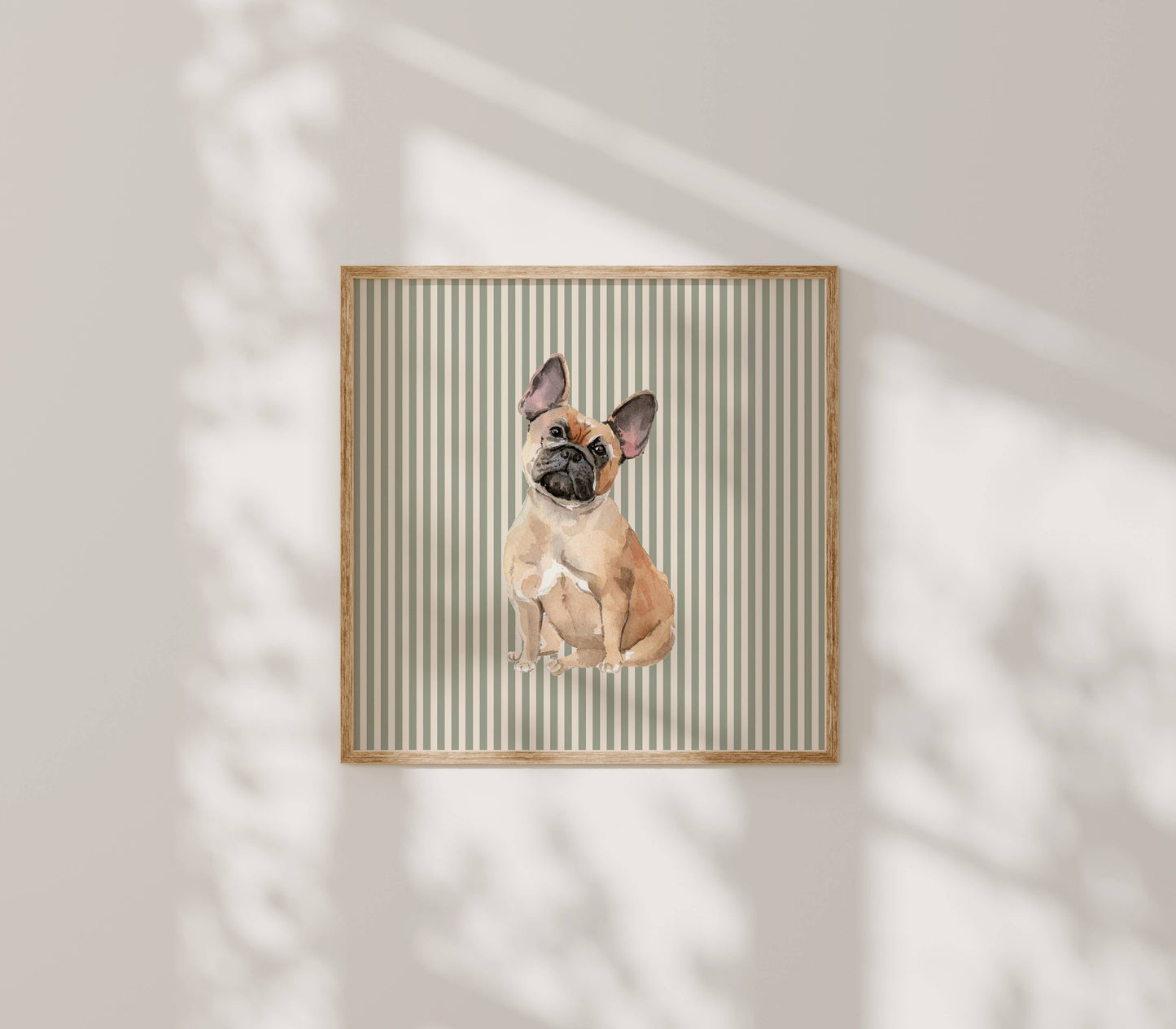 French Bulldog Print with Sage Green Stripe Background: 5" x 7" (vertical)