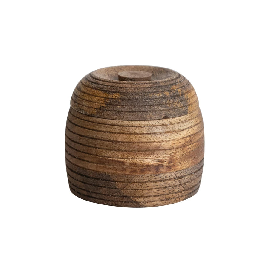 Carved Mango Wood Container w/ Lid, Burnt Finish