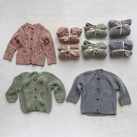 Baby Sweater Cardigan w/ Wood Buttons, 3 Colors/3 Styles