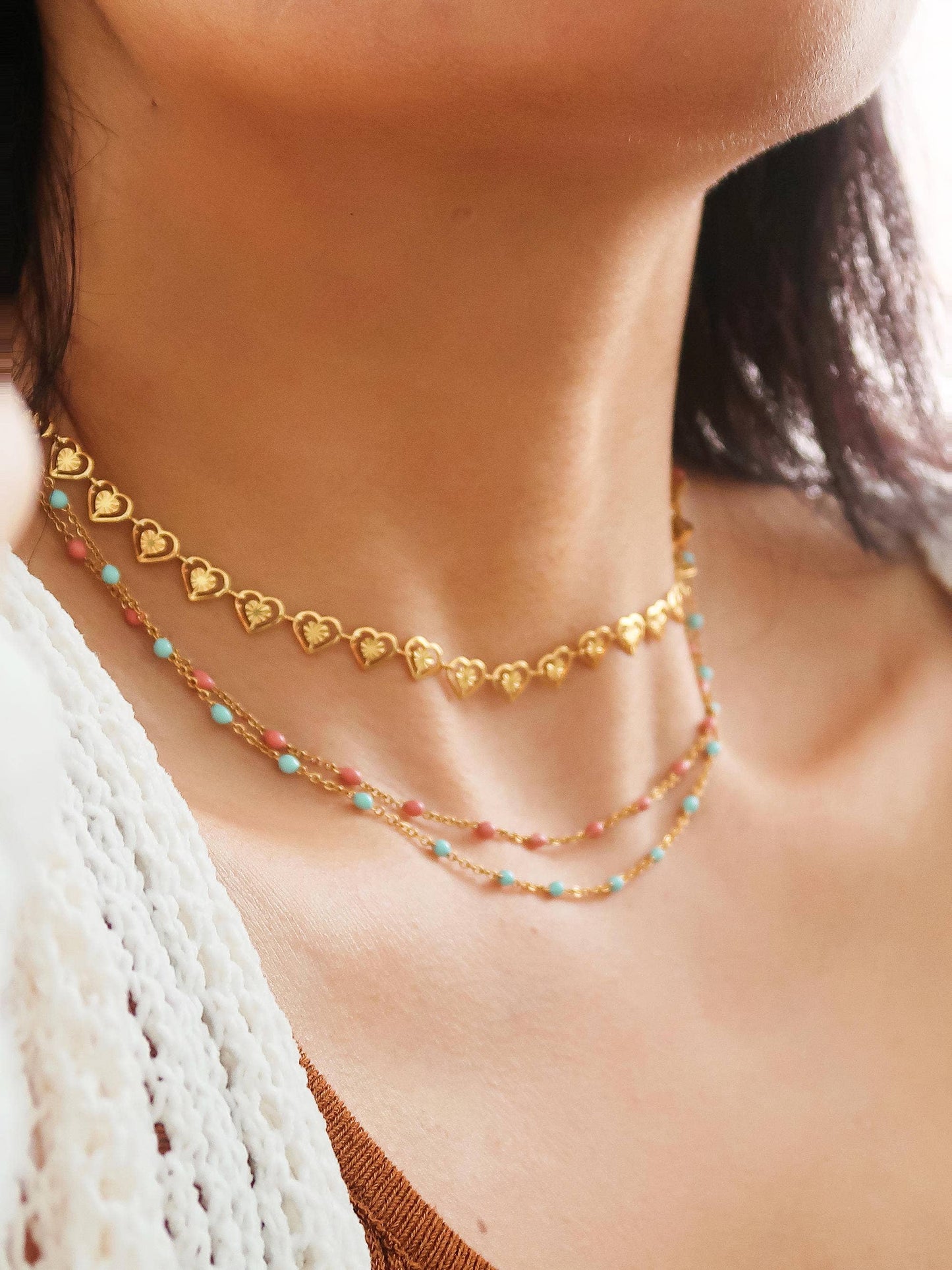 Soleil 18K Gold Non-Tarnish Beaded Petite Chain Necklace: Rose