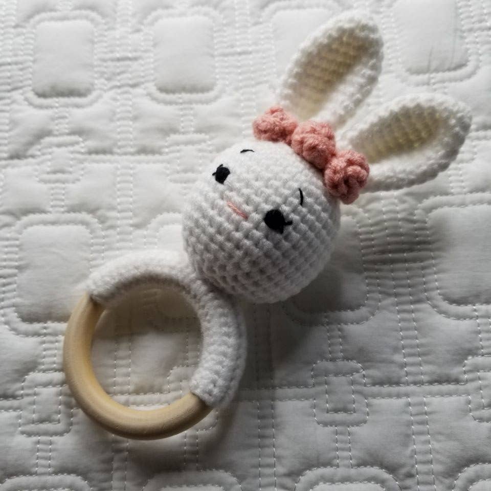 White Floral Bunny Hand Crocheted Rattle