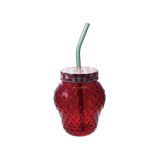 Strawberry Shaped Glass with Lid & Glass Straw