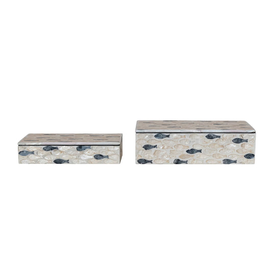 Capiz Boxes w/ Inlaid Fish, Natural & Charcoal Color, Set of 2