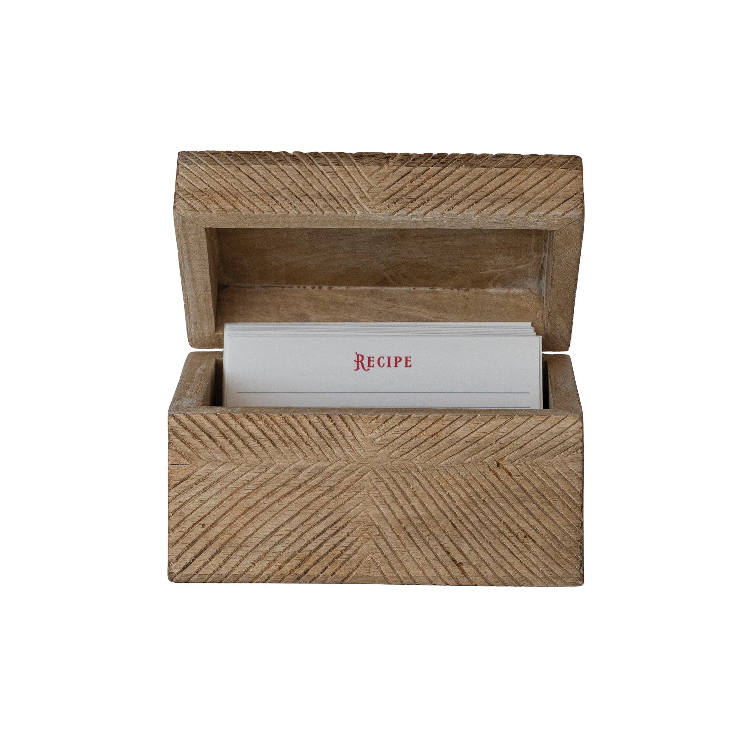 Hand-Carved Mango Wood Recipe Box with 25 Recipe Cards, Natural, Set of 26