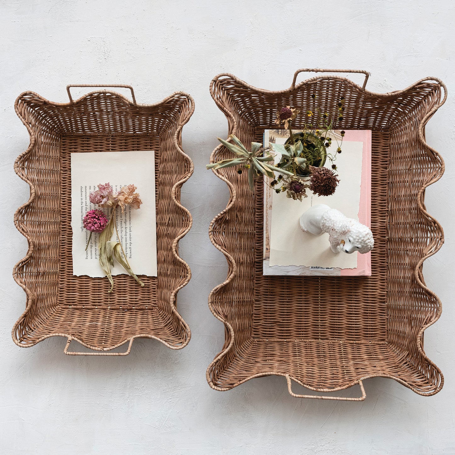 Decorative Hand-Woven Rattan Scalloped Nesting Trays with Handles, Natural