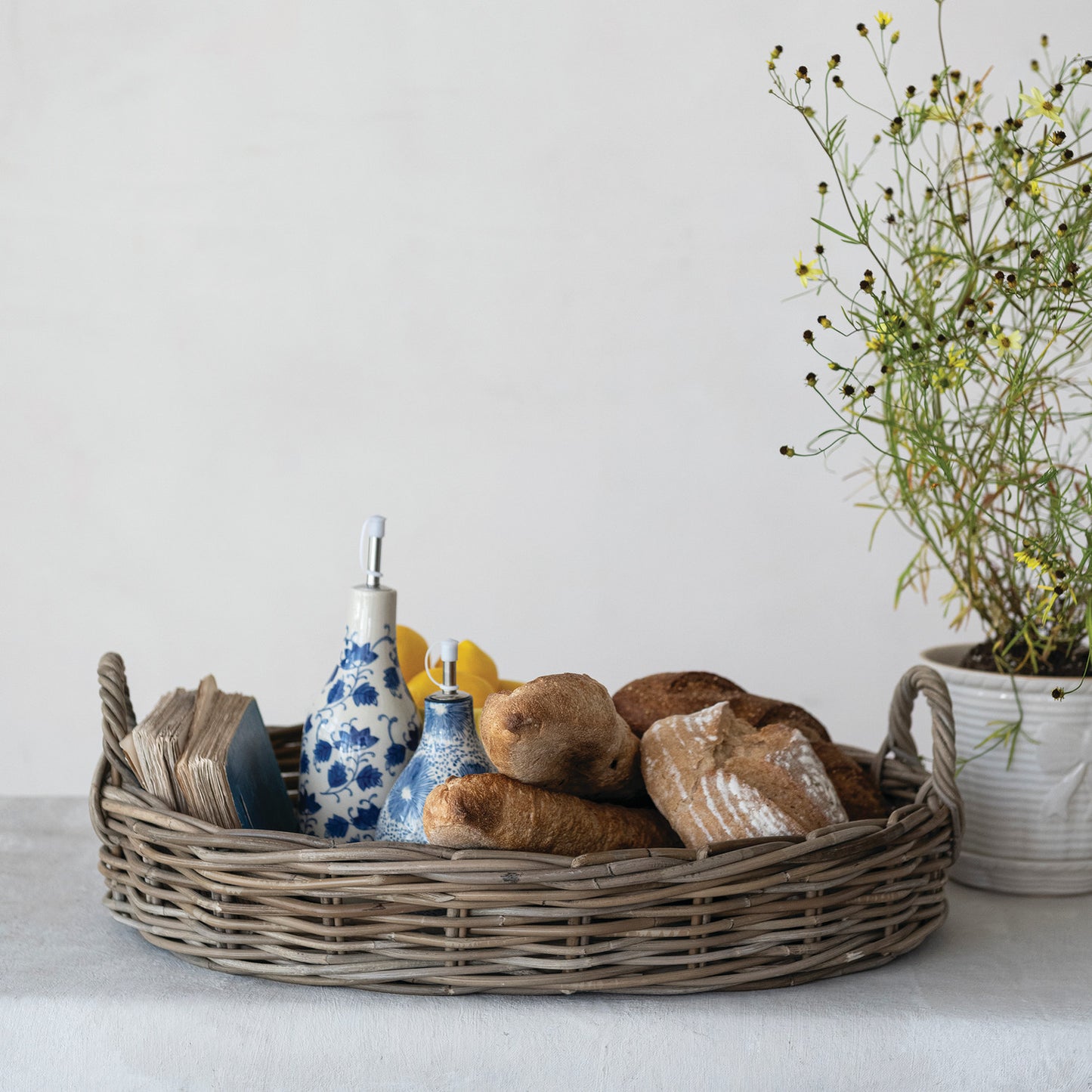 Decorative Hand-Woven Rattan Tray with Handles, Grey Washed