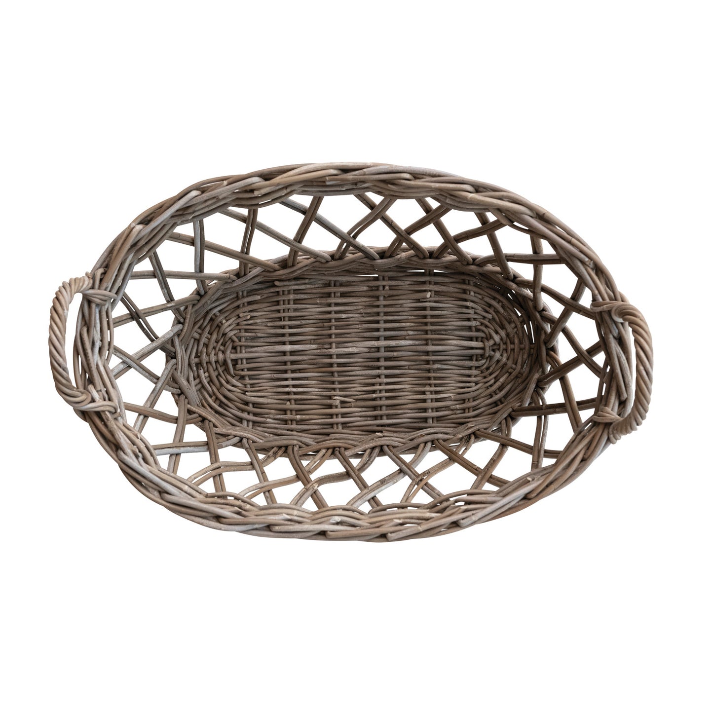 Decorative Hand-Woven Rattan Basket with Handles, Grey Washed