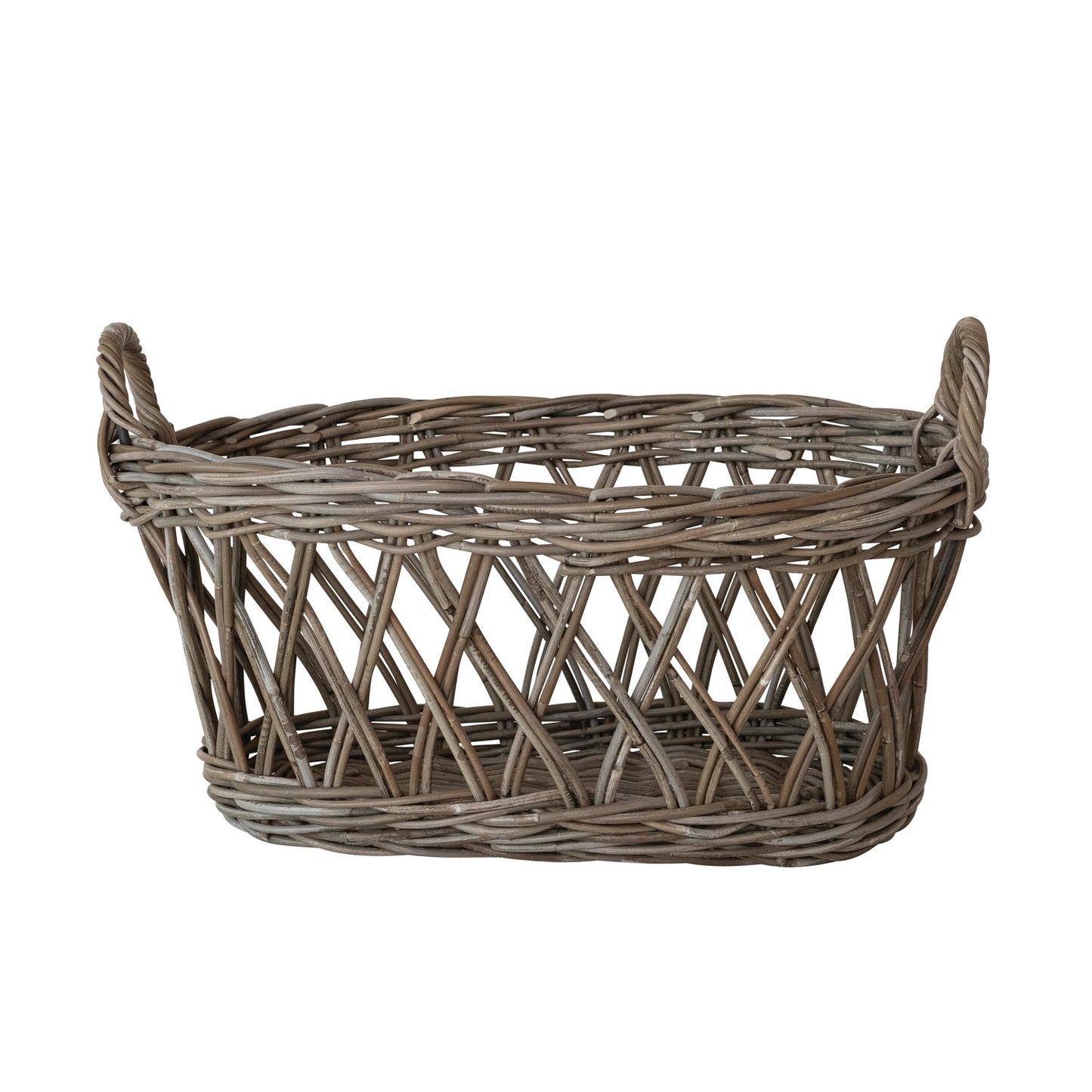 Decorative Hand-Woven Rattan Basket with Handles, Grey Washed