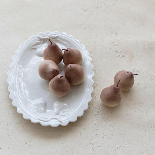 Stoneware Scalloped Platter with Embossed Pears, White (Each One Will Vary)