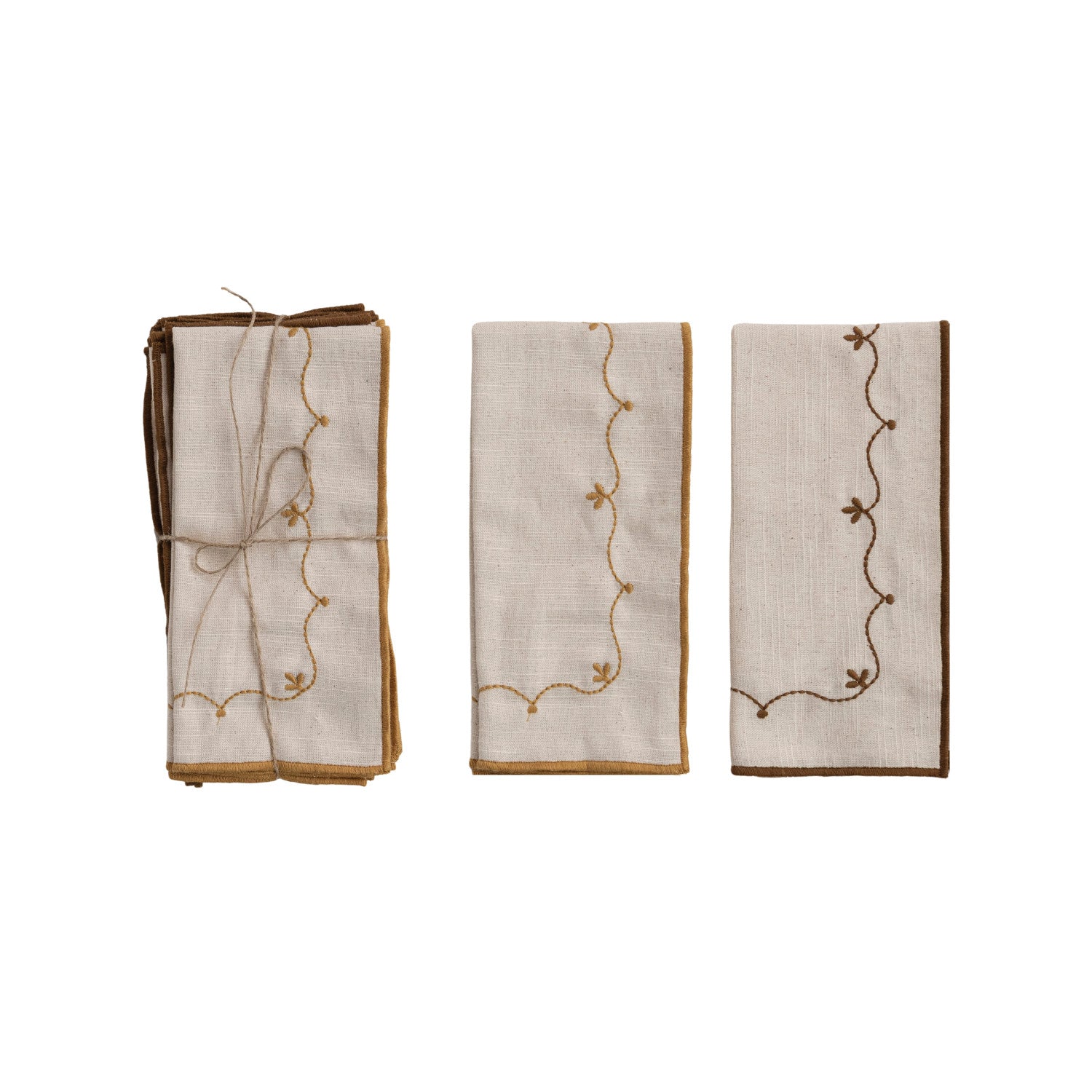 Cotton Napkins with Floral Embroidery, Set of 4 Tied with Jute