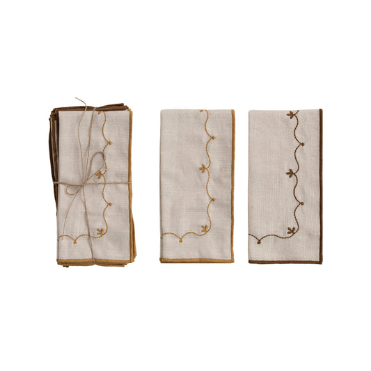 Cotton Napkins with Floral Embroidery, Set of 4 Tied with Jute
