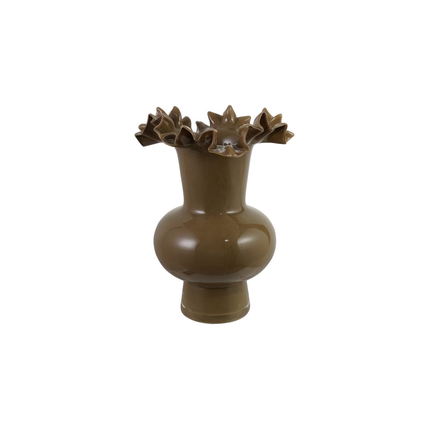 Opaque Glass Footed Ruffled Vase, Olive Color