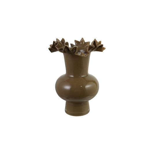 Opaque Glass Footed Ruffled Vase, Olive Color