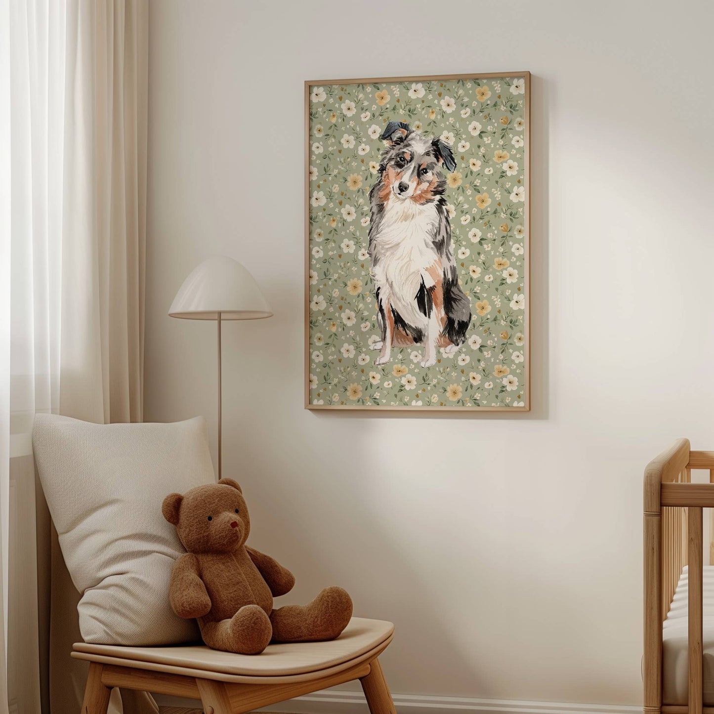 Australian Shepherd Print with Sage Floral Background: 5" x 7" (vertical)