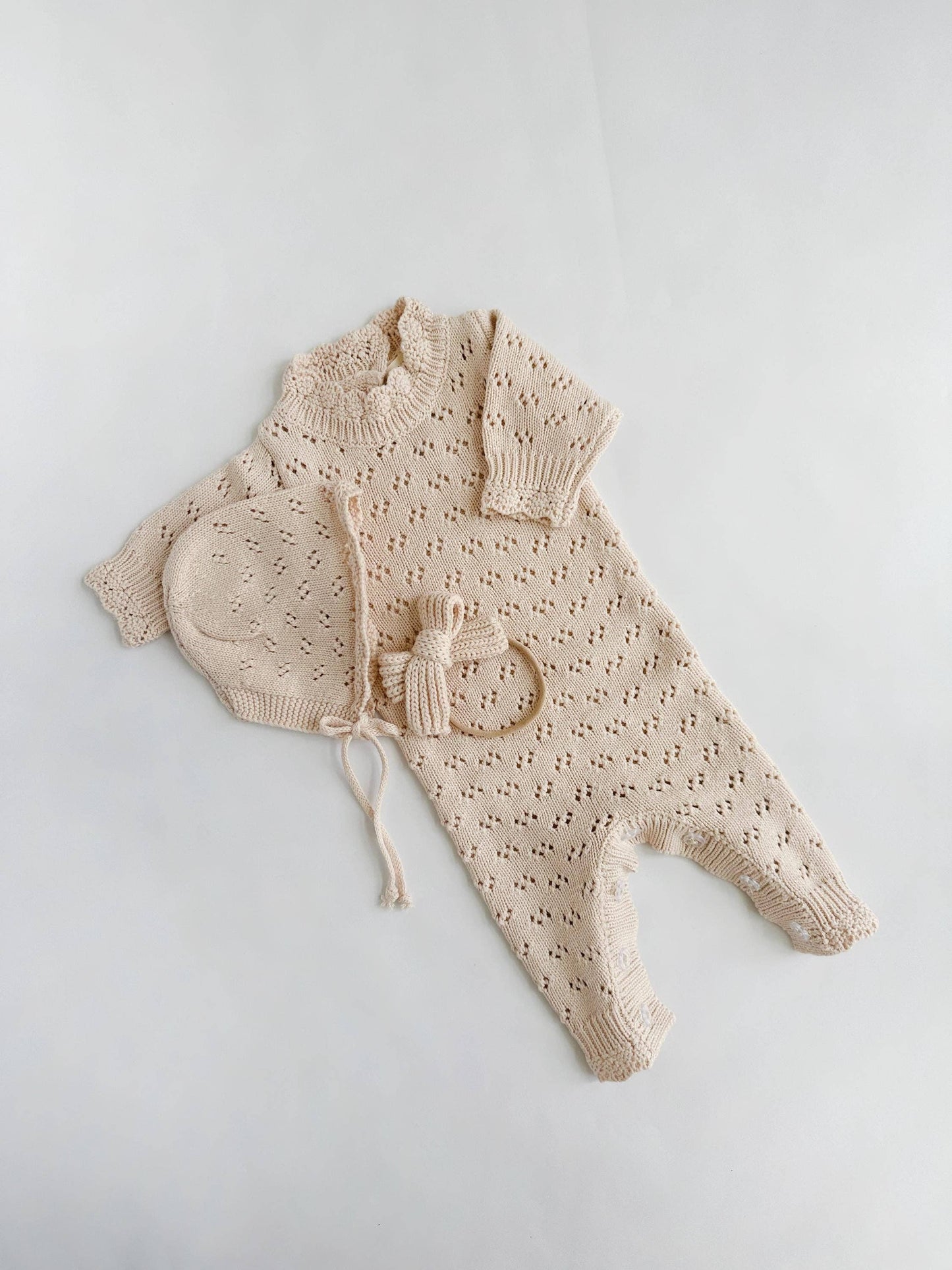 Grace Jumpsuit 3pc: APRICOT w/Bow & Bonnet/ 0-3 months