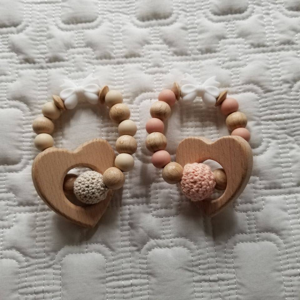 Wooden Heart and Silicone Bow Teething Rattle: Khaki