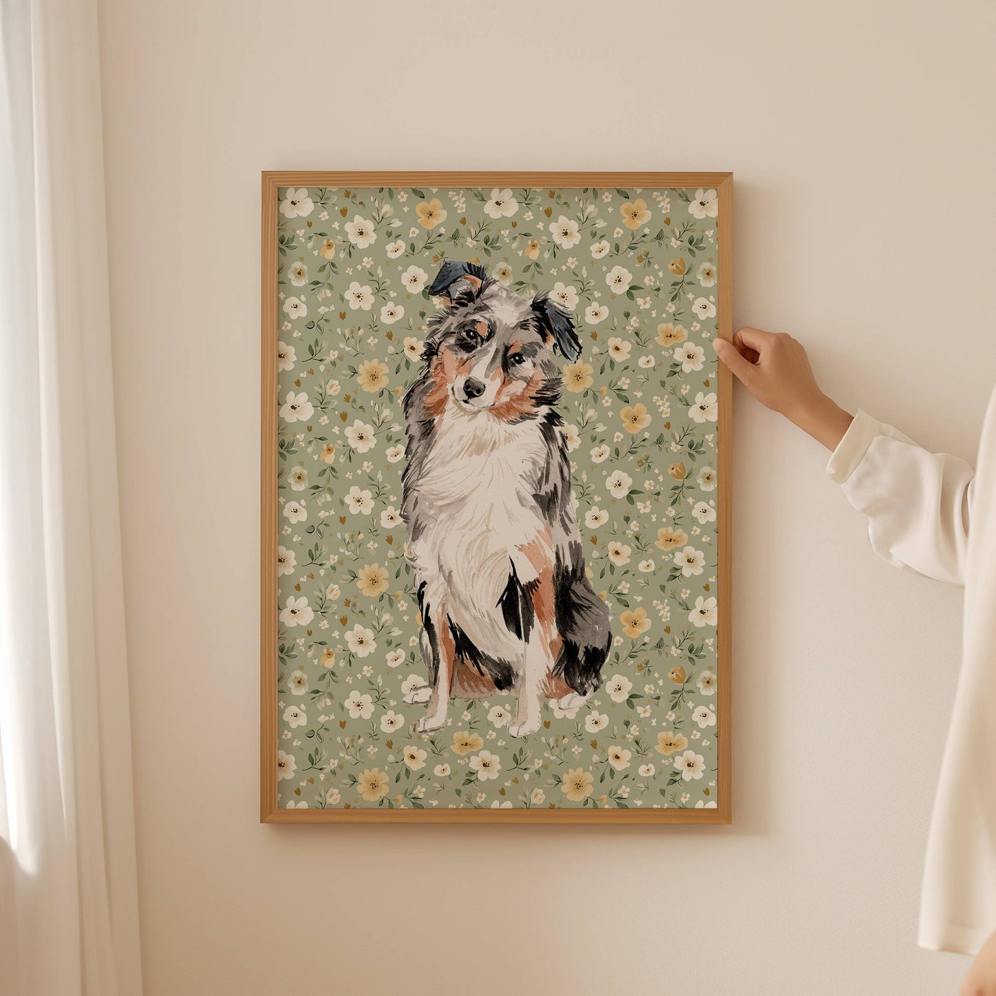 Australian Shepherd Print with Sage Floral Background: 5" x 7" (vertical)
