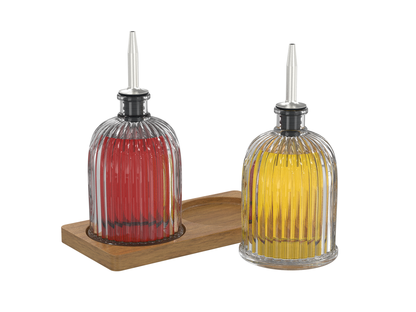 Fluted Glass Cruets w/ Acacia Base