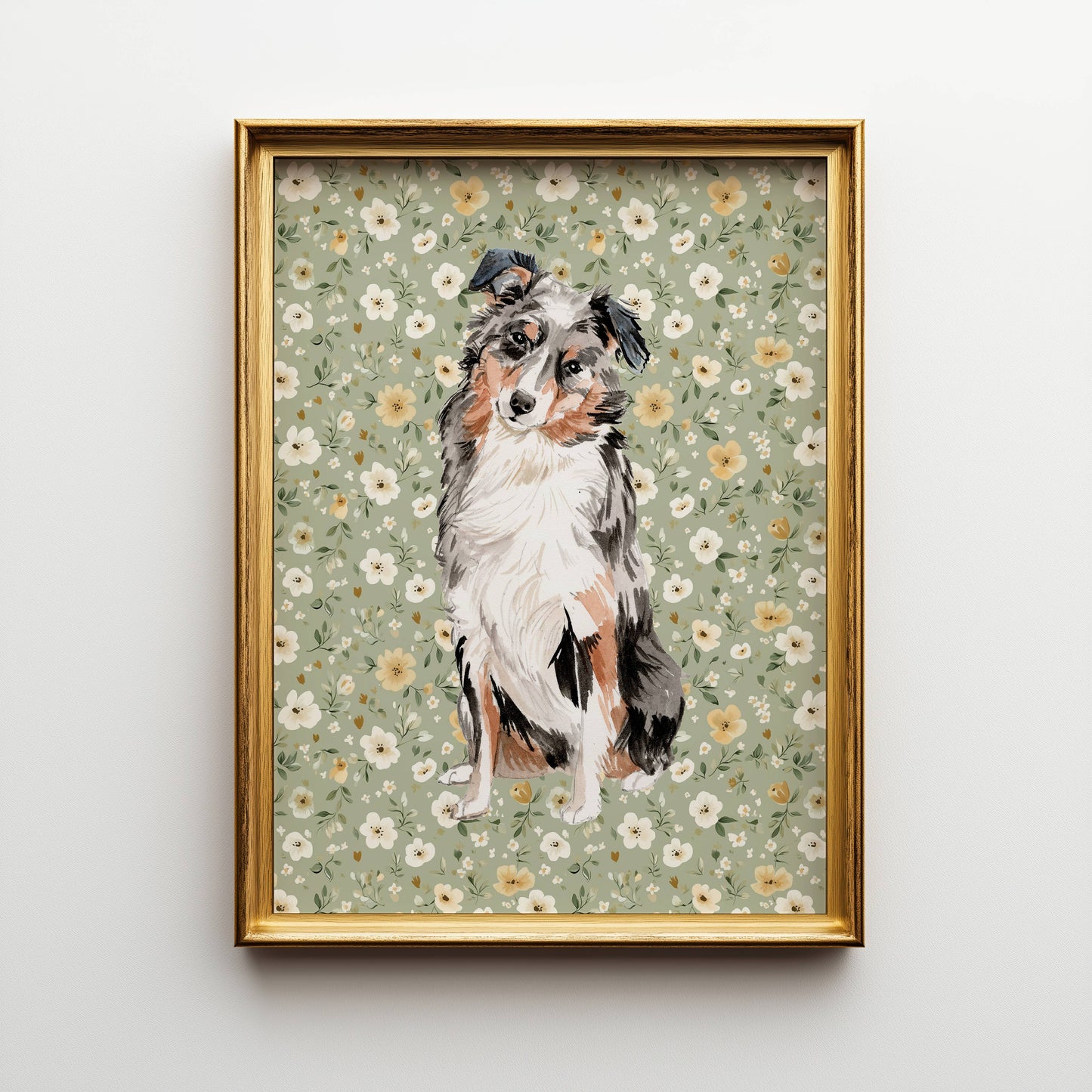 Australian Shepherd Print with Sage Floral Background: 5" x 7" (vertical)