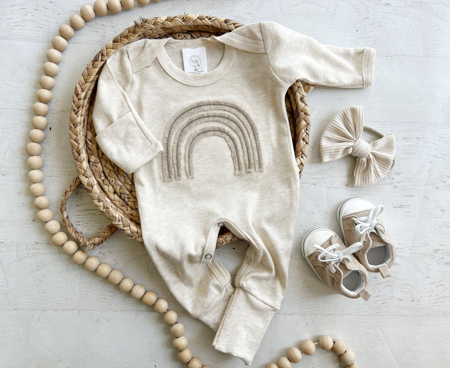 Gender Neutral Baby Outfit | Oatmeal Romper Felt Rainbow: Newborn / Only romper