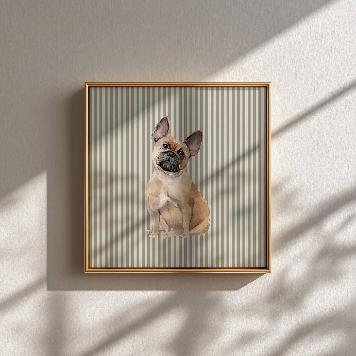 French Bulldog Print with Sage Green Stripe Background: 5" x 7" (vertical)