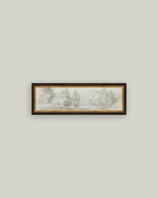 Country Meadow Sketch Framed Antique Art: 17x6