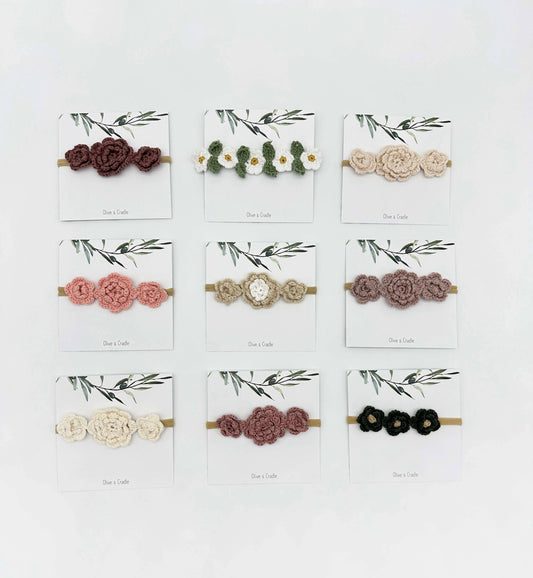 Crochet Flower Headband: With Card / Cream / Triple Flower