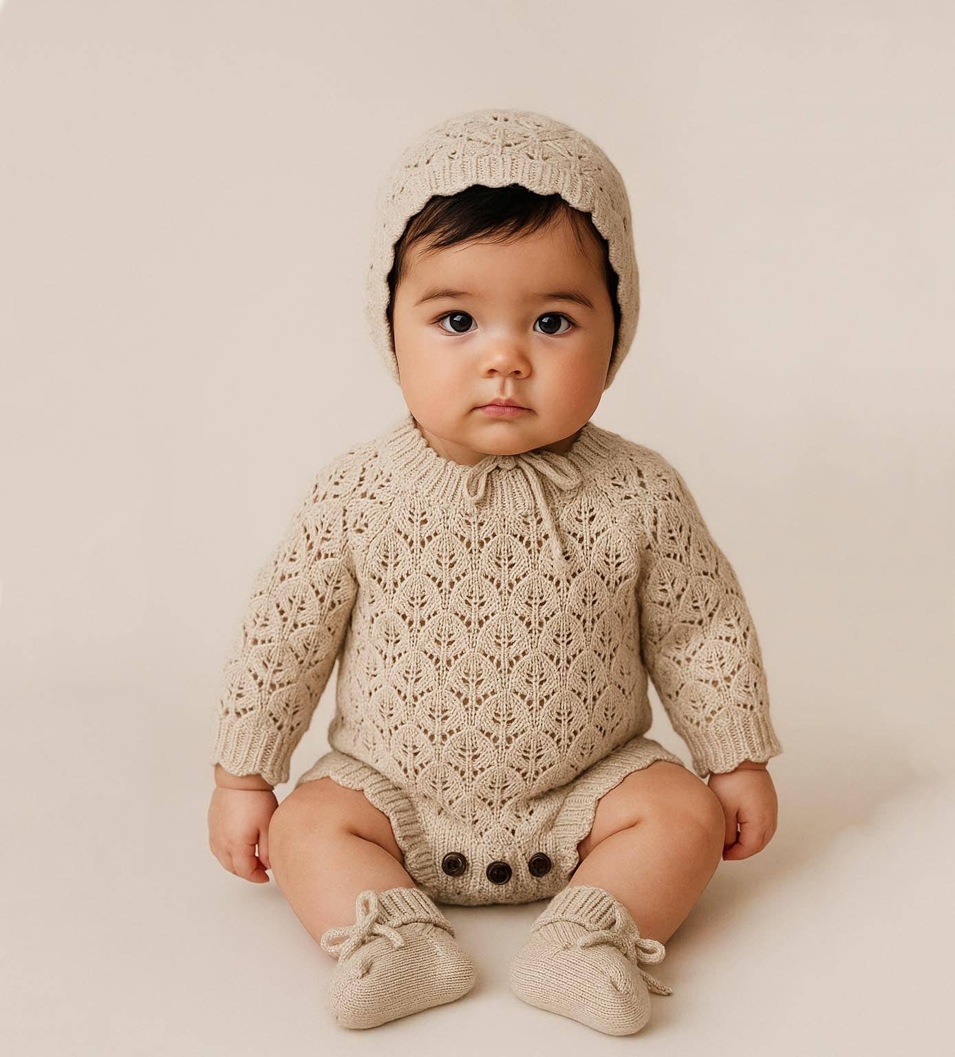 White Vintage Pearl Lacey Romper: 3pc set (romper +booties + bonnet) / 3-6 months