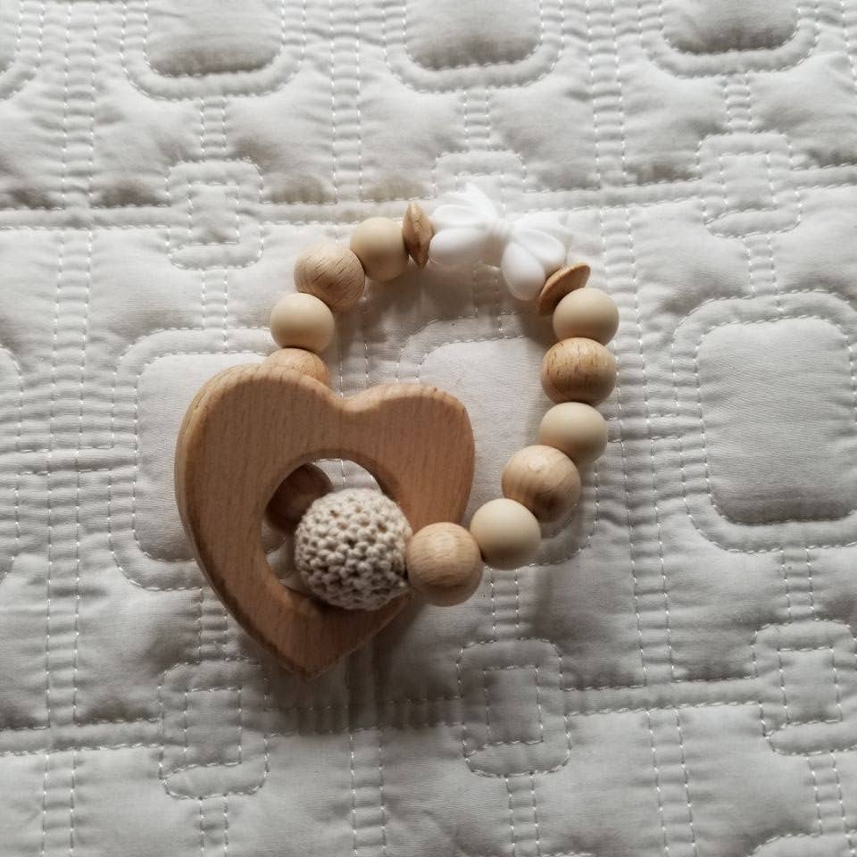 Wooden Heart and Silicone Bow Teething Rattle: Pink