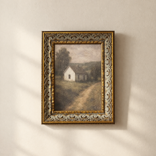 White Farmhouse | Antique Inspired Gold Leaf Crowned Framed Art: 5 x 7