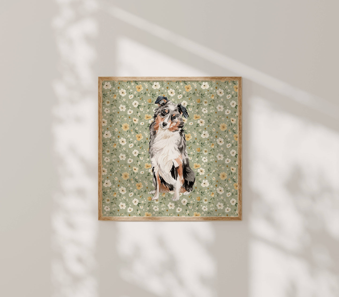 Australian Shepherd Print with Sage Floral Background: 5" x 7" (vertical)