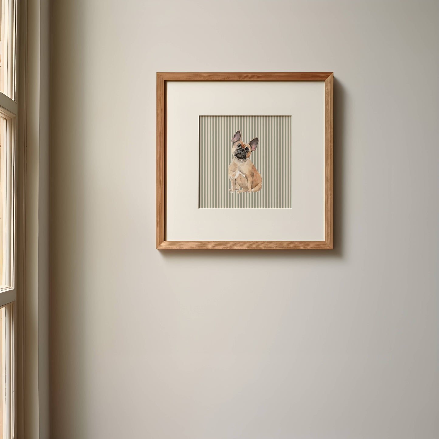 French Bulldog Print with Sage Green Stripe Background: 5" x 7" (vertical)